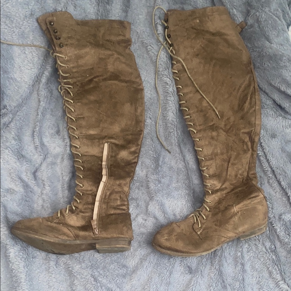 Fashion Nova Brown Over the Knee Lace-Up Boots